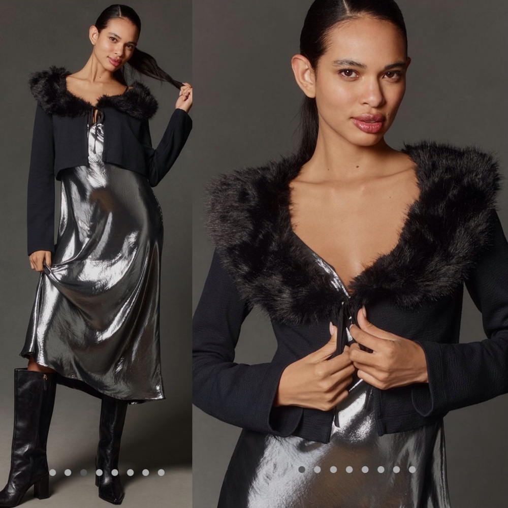 Anthropologie Maeve Faux fur collar crop cardigan sweater